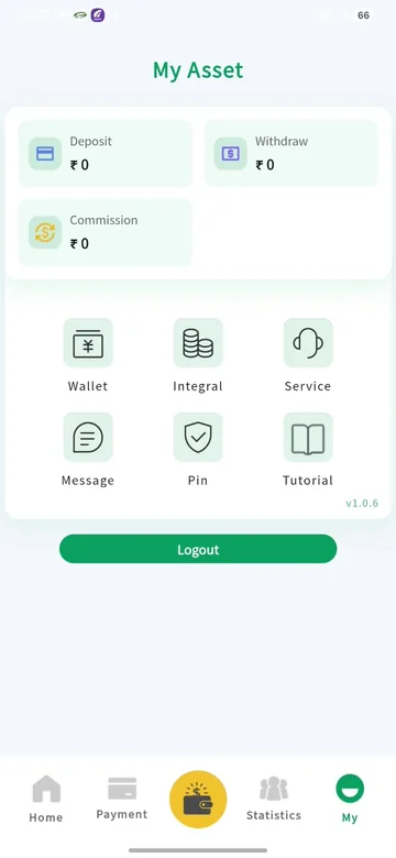 WY Wallet My Asset screen showing deposit, withdrawal and commission tools