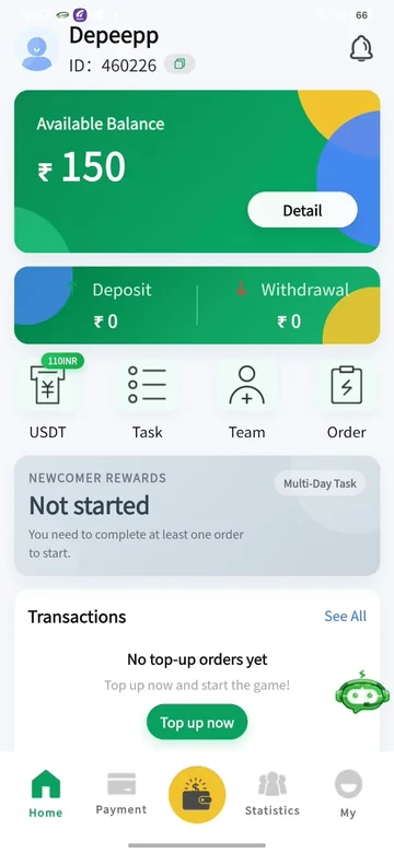 WY Wallet home screen with available balance, USDT, Task, Team and Order shortcuts