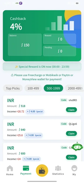 WY Wallet Payment screen with the displayed 4% cashback and INR order list